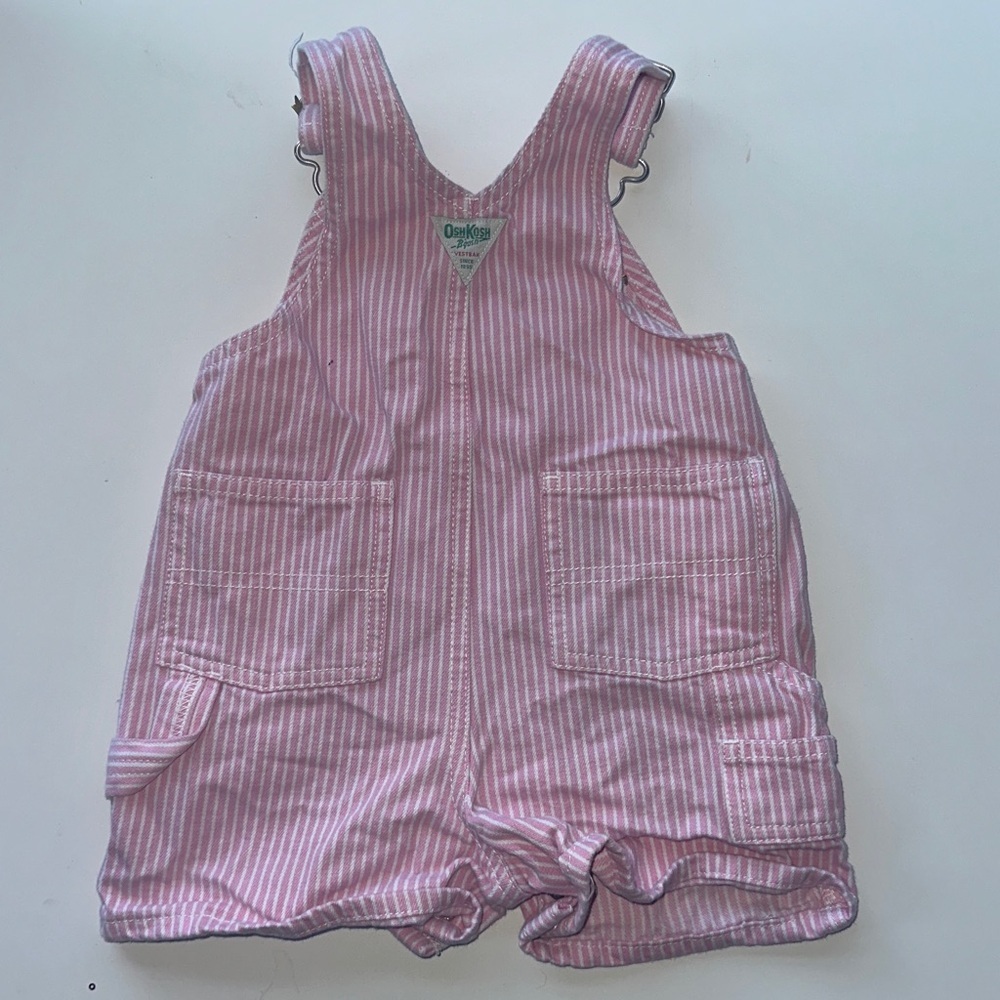 Oshkosh B’Gosh Pink Engineer Stripe Vintage Vestbak Shortalls 6-9m Shorts - Picture 4 of 6